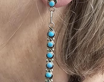 Long Zuni Shadowbox Earrings Blue Turquoise Old Pawn JE 635