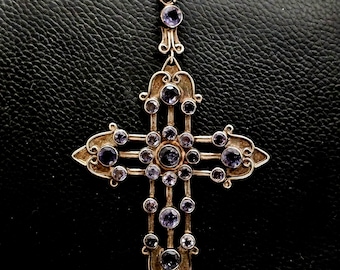 Gorgeous Early Large Silver and Amethyst Cross Pendent Vintage Sterling Handmade Mexican