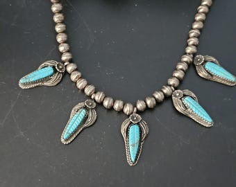 Vintage Native Necklace with Carved Blue Turquoise Old Pawn Sterling. C1950s. JN 772