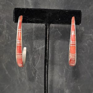 Big Coral Inlay Zuni Silver Vintage Hoops Native Old Pawn JE 566
