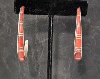 Big Coral Inlay Zuni Silver Vintage Hoops Native Old Pawn JE 566