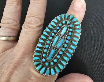 1930s Huge Zuni Pettipoint Turquoise Silver Ring Vintage Sterling Old Pawn Size 9 1/2 JR 825