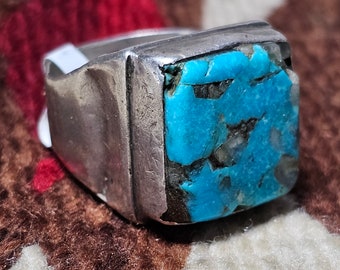 Square Blue Turquoise Vintage Man Native Ring Size 9 1/2 Old Pawn