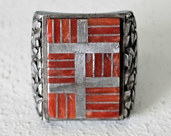 Coral Zuni Inlay Cast Silver Ring Vintage Sterling Man Ring Size 9 Old Pawn JR 293