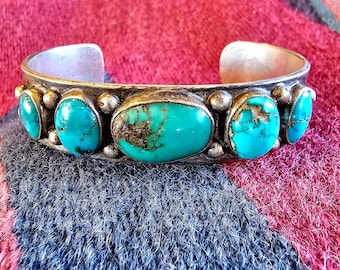 Classic Old Design with 5 Royston Turquoise Stones on this Man Size Sterling Old Pawn Cuff Bracelet Native American fits a 7" wrist