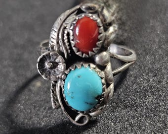 Turquoise & Coral Vintage Native Ring Old Pawn Size 7 JR 513