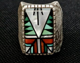 1950s Zuni Multi Stone Inlay Sterling Silver Ring Size 9 JR 750