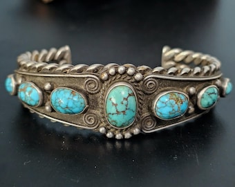 Vintage Blue Turquoise Sterling Silver Cuff Bracelet 7" wrist JB 220