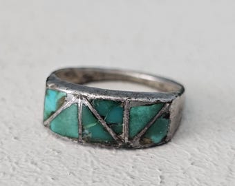 Green Turquoise Zuni Inlay Vintage Sterling Band Old Pawn Size 7 JR 263