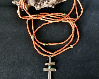 ON HOLD Coriz Pueblo Cross Coral Necklace Old Pawn Sterling.  JN 791
