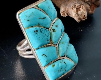 Fishscale Zuni Inlay Turquoise Vintage Statement Ring Size 10 Old Pawn JR 375