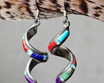 Zuni Vintage Inlay Spiral Multistone Earrings Sterling Old Pawn