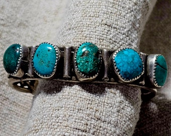 Early Ingot Turquoise and Silver Antique Cuff Coin Silver OSilver. Size 6 1/8" wrist