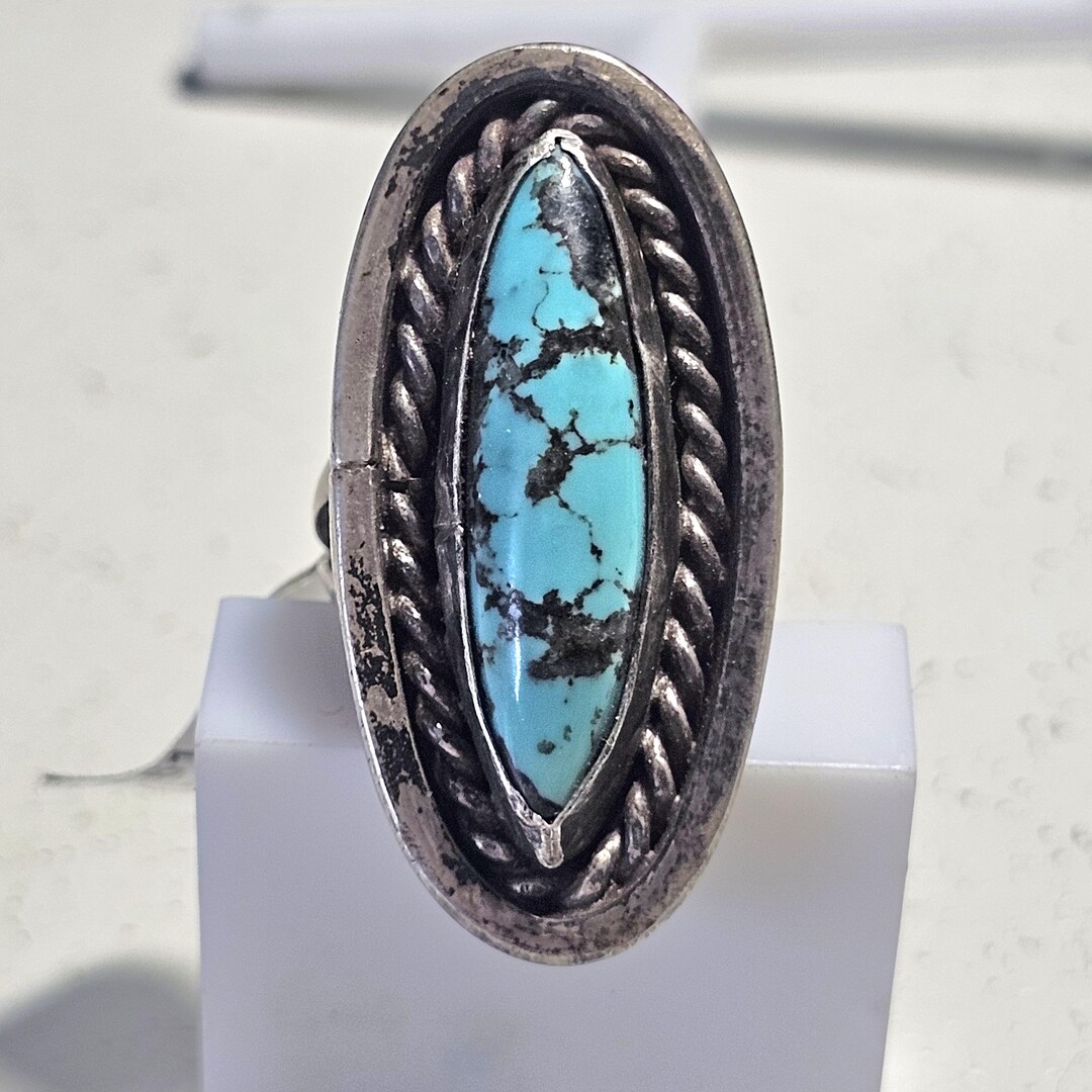 Dramatic Long Blue Turquoise Vintage Sterling Ring Old Pawn Size 6 JR ...