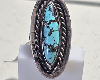 Dramatic Long Blue Turquoise Vintage Sterling Ring Old Pawn Size 6  JR 61