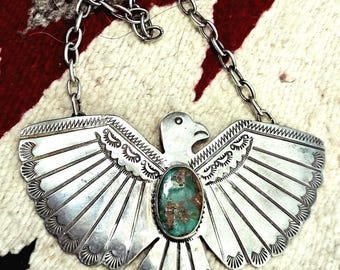 Large Vintage Thunderbird Sterling & Turquoise Necklace JN 853