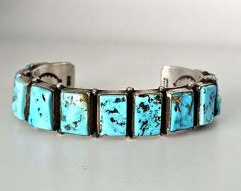 Johnny Watson Sleeping Beauty Turquoise Row Bracelet Sterling Vintage Old Pawn 6 1/2" wrist JB 955