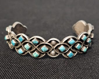 1940s Zuni Shadowbox Turquoise Vintage Native Cuff Old Pawn fits 6" wrist JB 386