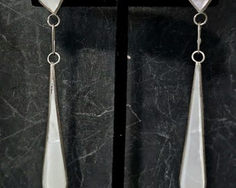 Long Mother of Pearl 3" Dangle Silver Vintage Native Earrings Old Pawn JE 568