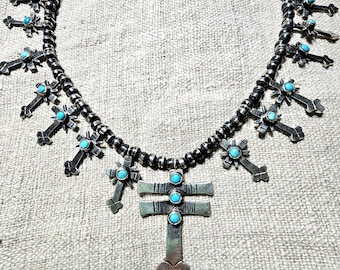 Federico Cross Necklace with Blue Turquoise Old Pawn Sterling. C1970s JN 561