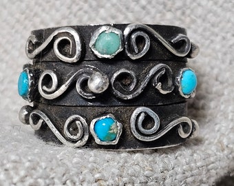 Wide Zuni Turquoise Hippy Boho Adjustable Vintage Ring Old Pawn Size 7 1/2