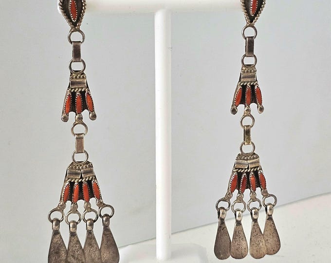 Featured listing image: Dangling Long Vintage Coral Zuni Raincloud Earrings Old Pawn 3 1/2"  JE 572