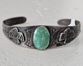 Green Turquoise 2 Thunderbirds Harvey Era Native Bracelet Old Pawn fits 6 1/2" wrist. JB 57