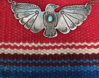Big 3" Thunderbird Turquoise Sterling Necklace Vintage 1930s Old Pawn JN 677