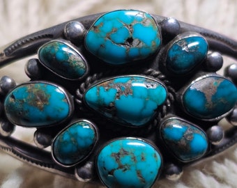 Glorious Turquoise Vintage Zuni Cluster Silver Cuff Old Pawn Size 6 1/2