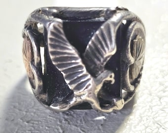 Onyx Eagle Vintage Sterling & Gold Native Ring Size 8 Old Pawn JR 626