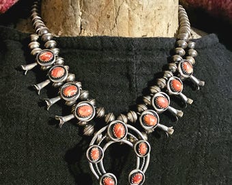 Signed Spiny Oyster Small Squash Blossom Necklace: Old Pawn Sterling Silver  JN 832