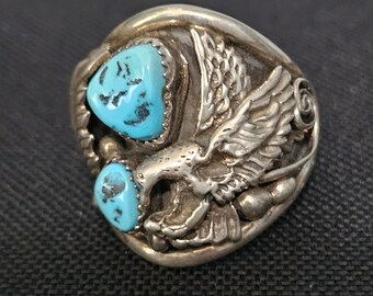 Eagle Vintage Native Turquoise Ring Sterling Old Pawn Size 12 1/2 NR 45