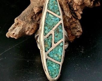 Turquoise Zuni Chip Inlay Vintage Sterling Ring Old Pawn Size 2 JR 999
