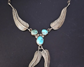 Silver Feathers Turquoise Necklace Old Pawn Sterling. C1960s JN 762