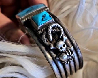 Incredible Native Cuff with Blue Turquoise Snakes Skulls and a Spider!  Vintage Old Pawn 7 1/4" wrist