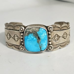 Square Turquoise Cabochon on this Bracelet Sterling Vintage Old Pawn 6 3/4&quot; wrist JB 610