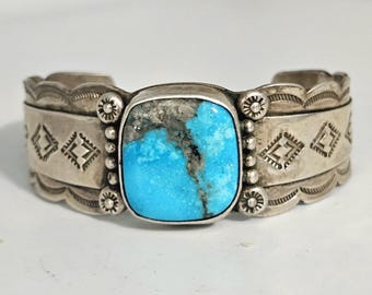 Square Turquoise Cabochon on this Bracelet Sterling Vintage Old Pawn 6 3/4" wrist JB 610