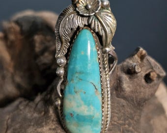 Slender Blue Turquoise Vintage Statement Ring Sterling Native Size 6 Old Pawn JR 428