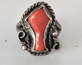 Good Red Coral Vintage Ring Old Pawn Size 8. JR 473