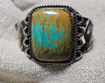 Ingot Silver and Great Turquoise Native American Cuff Bracelet Old Pawn Coin Silver