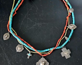 Heishi & Charms Turquoise Coral Necklace Old Pawn Sterling. C1970s JN 785