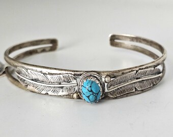 Feathers Blue Turquoise Vintage Native Bracelet Old Pawn fits 7" wrist JB 414