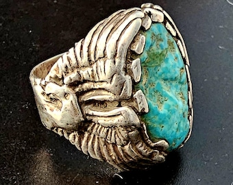 1940s Eagle Vintage Turquoise Sterling Man Ring Size 12 1/2 Old Pawn JR 379