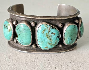 5 Big Turquoise Stones on this Man Size Sterling Old Pawn Cuff Bracelet Native American fits a 7 1/4" wrist. JB 849
