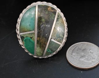 Inlay Green Turquoise Vintage Statement Ring Sterling Native Size 9 Old Pawn JR 417