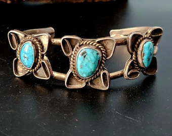Floral Turquoise Sterling Old Pawn cuff fits 6 1/2" wrist. JB 212