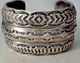 Vintage Sterling Shaped Silver Cuff Bracelet, Punch Decorated Old Pawn 6 3/4"  JB 07