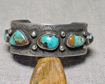 Royston Turquoise Native Silver Cuff Old Pawn. 6 3/4" wrist