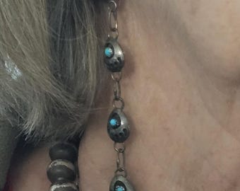 4 1/2" Long Vintage Native Turquoise Bear Paw & Feathers Earrings Old Pawn  JE 615