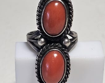 Double Coral Vintage Native Ring Sterling Silver Old Pawn Size. JR 17